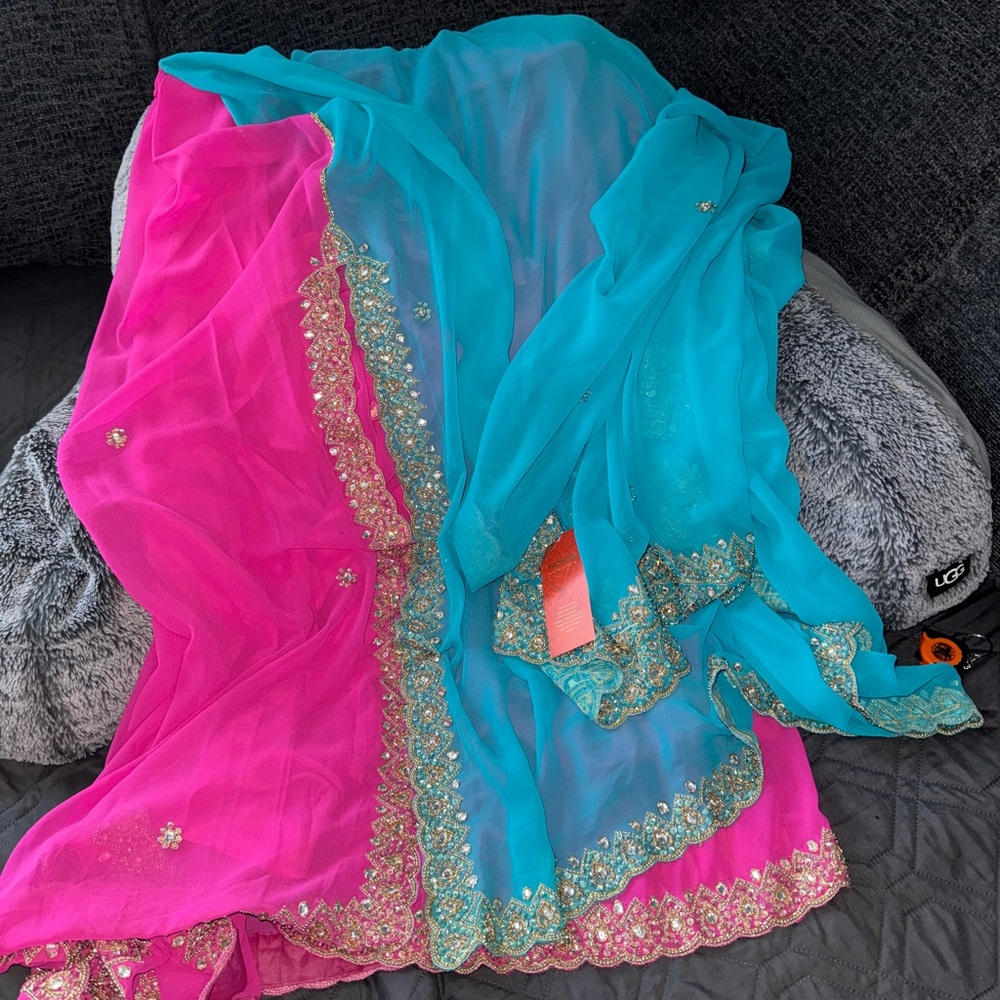 Elegant One Shoulder Pink and Blue Dress/Saree